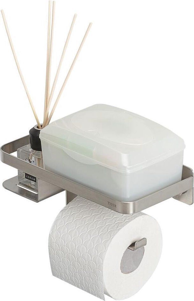 Tiger Caddy Toiletrolhouder met planchet 24 cm - RVS geborsteld