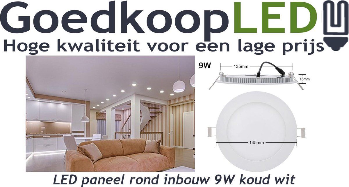 GoedkoopLED LED paneel / downlight 9W koud wit
