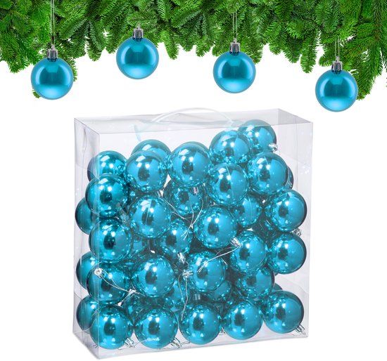 Relaxdays kerstballen set van 50 - Ø 6 cm - glanzend - kunststof - petrol
