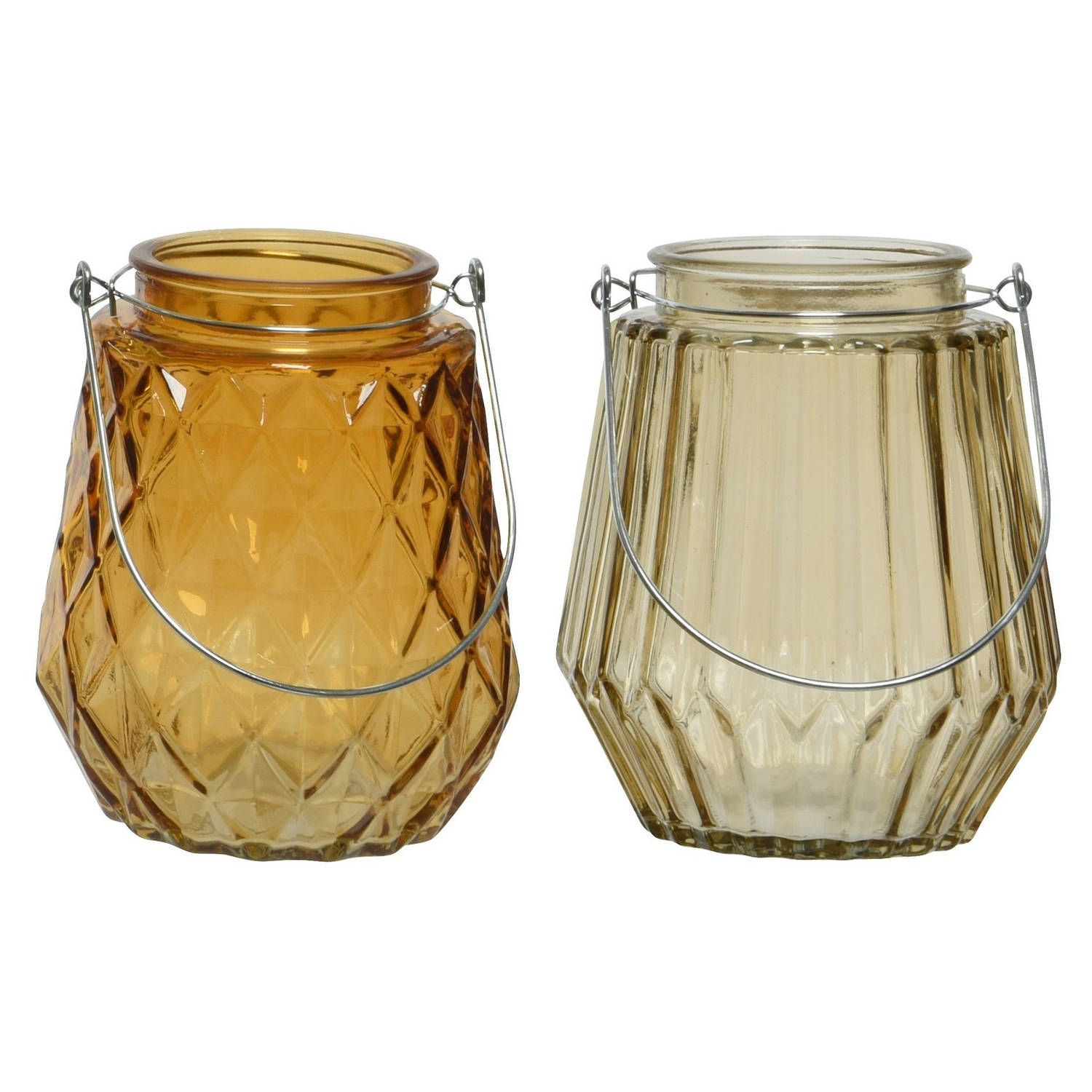 Decoris Set van 2 theelichthouders glas cognac/oranje en taupe 11 x 13 cm