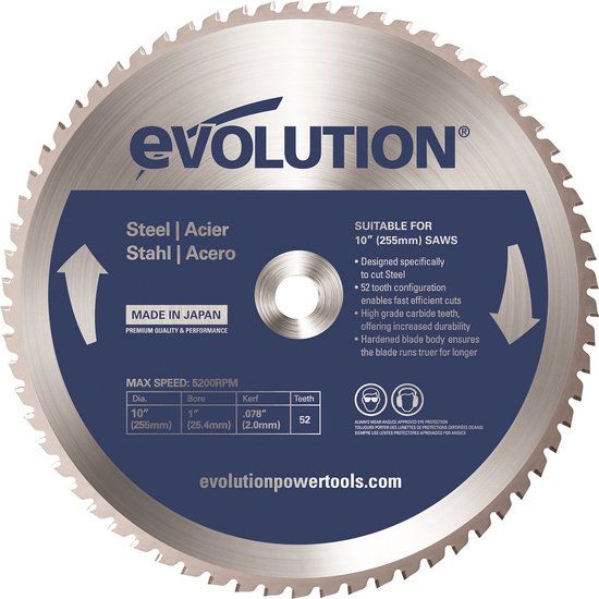 EVOLUTION - Zaagblad Zacht Staal - MS - 255 x 25.4 x 2.0 mm - 52 T - Metaal