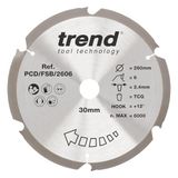 Trend Cirkelzaagblad van PKD-vezelcement, 260 mm diameter, 30 mm boring, 6 tanden, 2,4 mm snijvoeg, +12° haak, PKD, grof oppervlak, PCD/FSB/2606