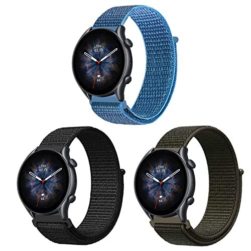 ZoRoll 3 stuks 22 mm armband voor Amazfit GTR 3 Pro/GTR 3/GTR 2e/GTR 2, nylon klittenbandsluiting, reservearmband voor Amazfit GTR 47 mm/Xiaomi Watch S1 Active/Garmin Venu 2 - zwart + legergroen + blauw