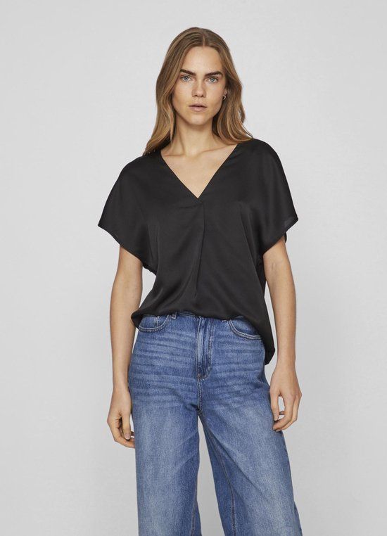 VILA VIELLETTE V-NECK S/S SATIN TOP - NOOS - Black - Size 38