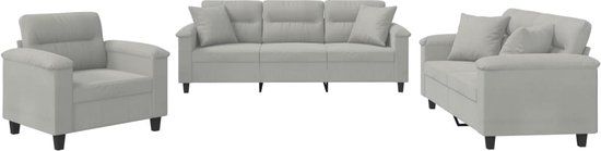 vidaXL 3-delige Loungeset met kussens microvezelstof lichtgrijs