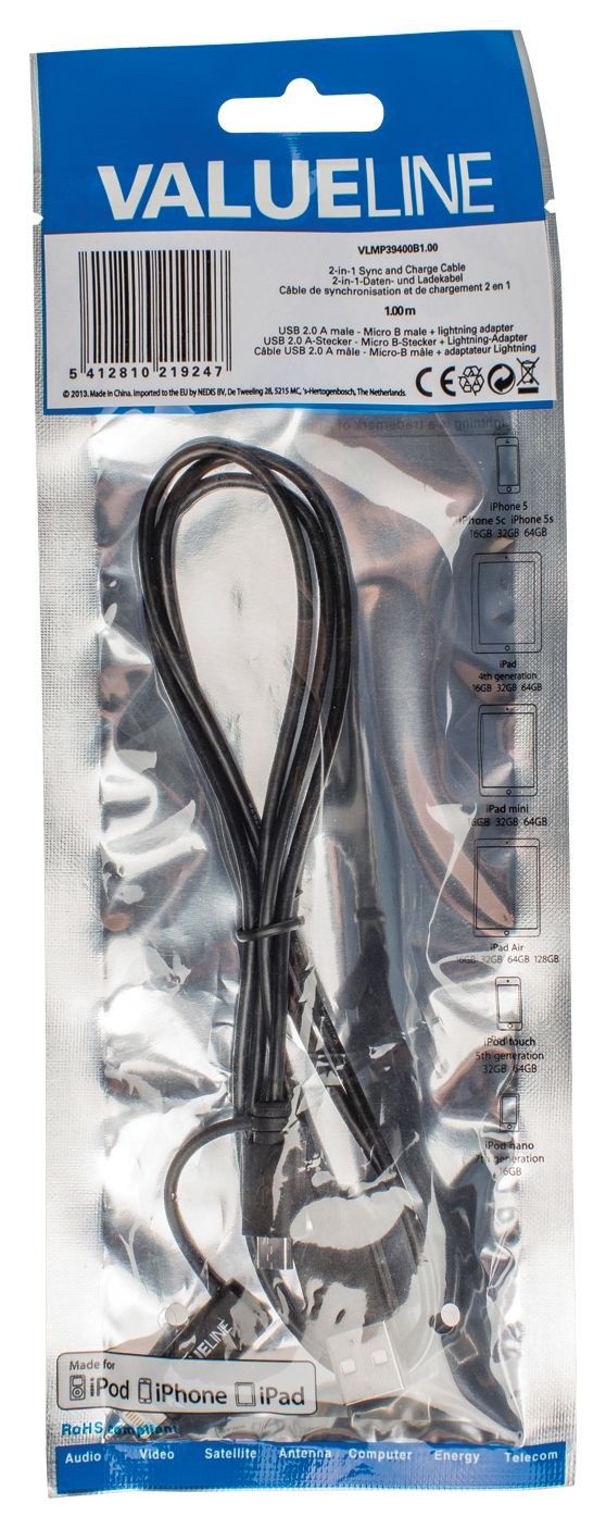 Valueline VLMP39400B1.00 USB-kabel - 1 m - Zwart