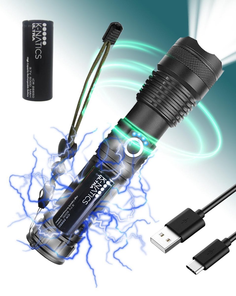 K-natics Militaire LED Zaklamp - USB Oplaadbaar - 3000 lumen - 5000mAh Batterij - Zoomfunctie - Stof- en waterdicht IP-65 - incl. Luxe Travelkit