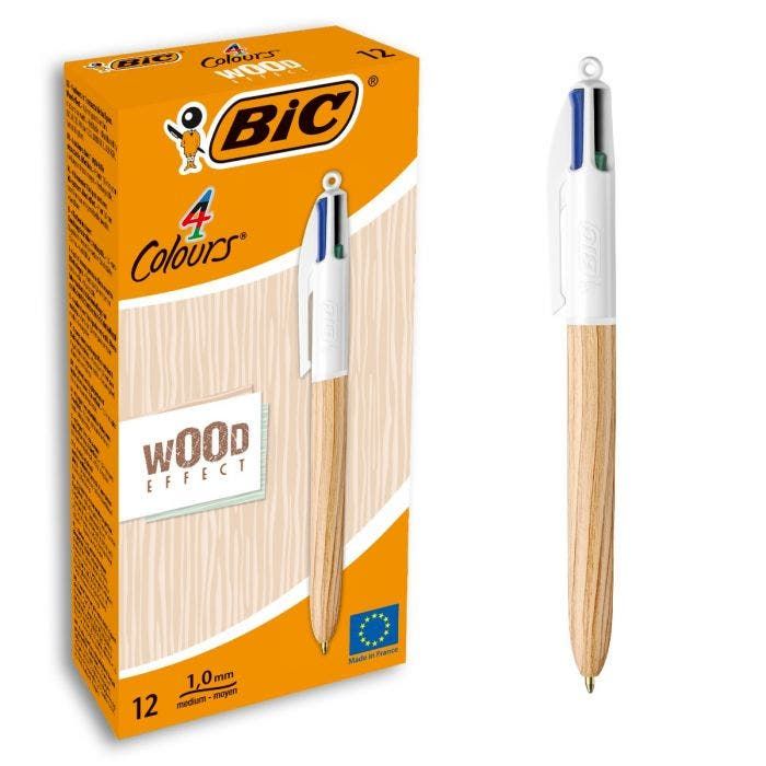 BIC 4 Colours Wood Style Multifunctionele balpen - Medium - 12 stuks