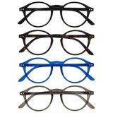 OPULIZE REY Leesbril - 4-Pack - Retro Rond Montuur - Matzwart, Bruin Schildpadpatroon, Blauw, Grijs - Heren Dames - Veerscharnieren - RRRR56-1237 - +2.00