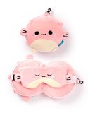 Puckator Relaxeazzz Adoramals Reiskussen van pluche en oogmasker, slaapmasker van pluche voor vliegtuig, vliegkussen voor kinderen en volwassenen, mooi slaapmasker, meerkleurig