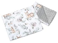 Medi Partners Babydeken, kruipdeken met kussen, 100% katoen, Minky kinderdeken, 55 x 75 + 35 x 30 cm, multifunctioneel, voor kinderwagen, babyzitje, wieg (hert in bladeren met grijze minky)