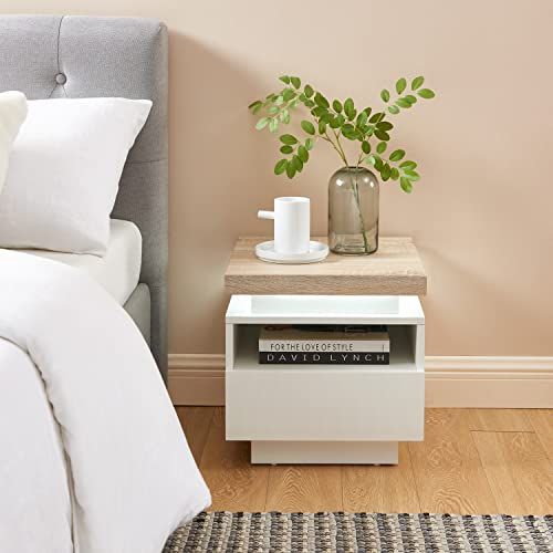 BAÏTA Cosmos Nachtkastje - LED - Wit en Eiken - 40 cm