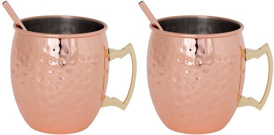 Cosy&Trendy Moscow Mule Cocktailbekers Gehamerd Koper 450 ml – Set van 2 – RVS – Inclusief 2 Koperkleurige Rietjes