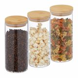 Relaxdays voorraadpotten met bamboedeksel, 3 stuks, ronde glazen bewaarpotten, 1300 ml, luchtdicht, transparant/naturel