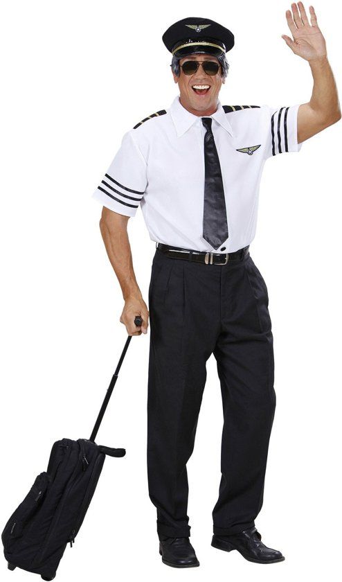 Widmann Piloot & Luchtvaart Kostuum Pilotenshirt Met Stropdas En Hoed Man XL Carnaval kostuum Verkleedkleding