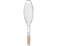 Merkloos Visgrillmand Staal - Barbecue Mand - Buiten Koken - Houten Handvat - Compact - Zilver