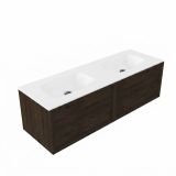 Saniclass Holz Frame Badkamermeubelset - 140x45x41.5cm - Flow solid surface wastafel wit - 2 wasbakken - zonder kraangaten - 2 lades - mat eiken charcoal (hout) SW1420776/SW1224151