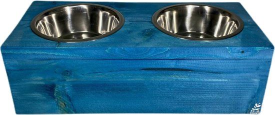 Voerbak steigerhout L Donker Blauw - Dubbele voerbak voor honden en katten