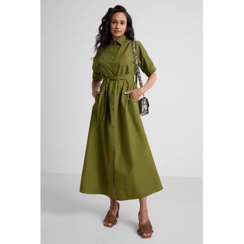 Ruby Ruby poplin maxi overhemd jurk olijfgroen