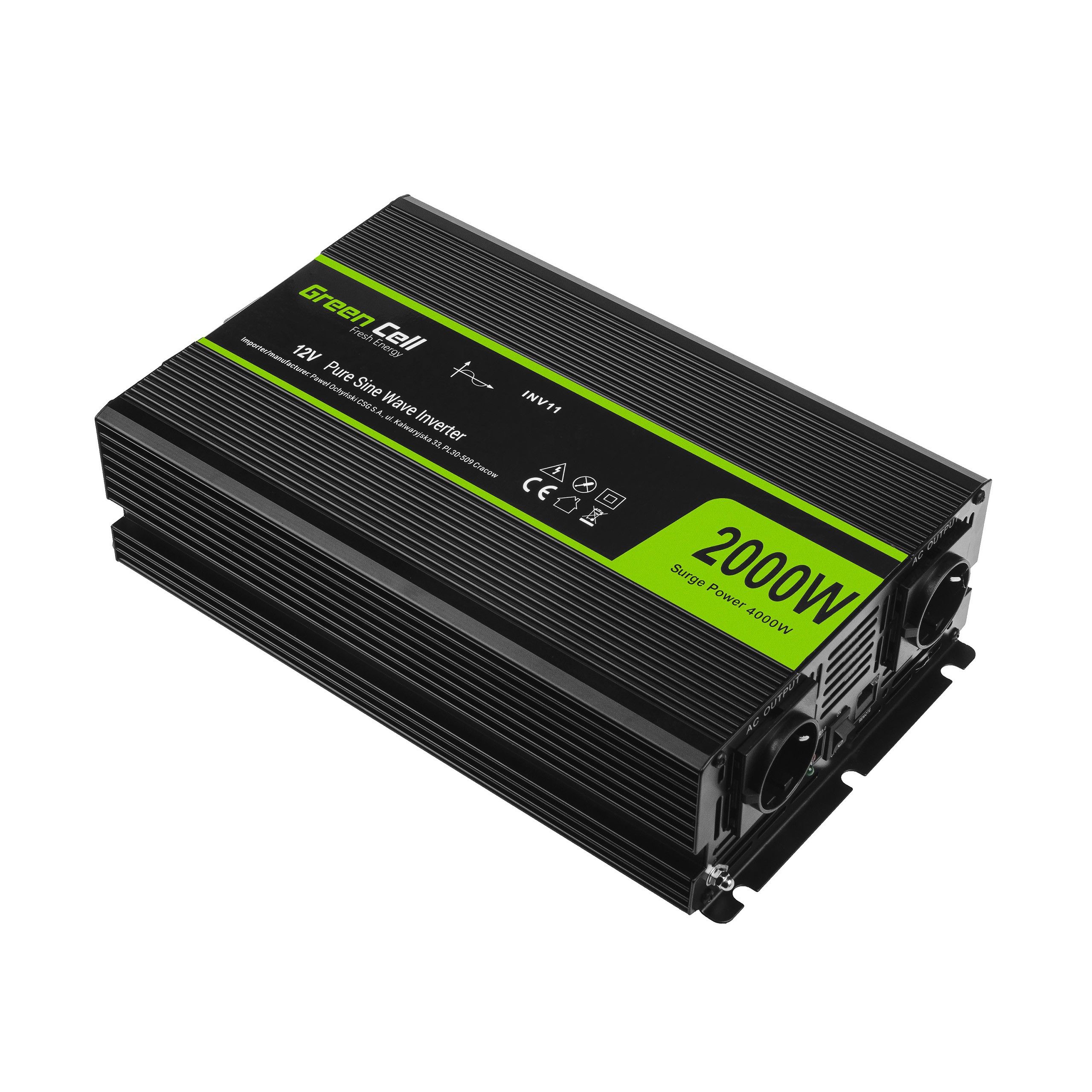 Green Cell 2000W 12V DC to 230V AC Car Power Inverter - Black
