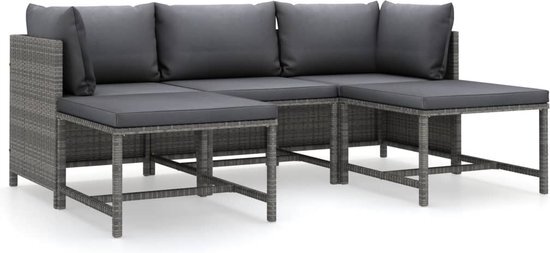 vidaXL 5-delige Loungeset met kussens poly rattan grijs