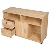 BAKAJI Multifunctionele houten printerkast met 3 planken, 2 laden met sleutel en 1 kast met vakken, bureaukast met beweegbare wielen, 100 x 35 x 65 cm (eiken)