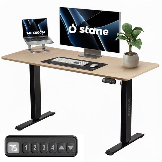 Stane Zit Sta Bureau Elektrisch Verstelbaar - 4 Geheugen Standen - Incl. Kabelgoot - 140 x 60 cm - Eiken
