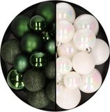 Decoris Kerstballen 60x Stuks - Donkergroen/Parelmoer Wit - 4-5-6 cm - Kunststof