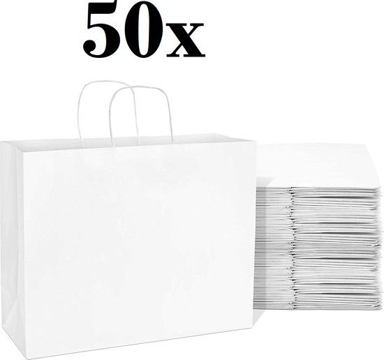 50 Witte Papieren Draagtassen - Kraftpapier - 26x17x25cm - Met Handvatten
