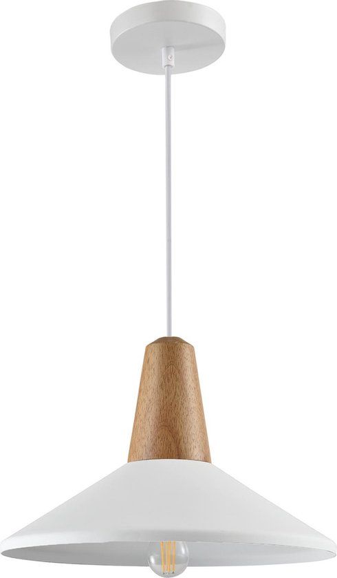 QUVIO Hanglamp modern - Hoedvorm met hout - Diameter 35 cm - Wit en bruin