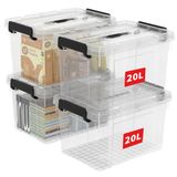 Cetomo 20L x 4 opbergdozen, plastic opbergdoos met deksels, organiserende container met handvat en veilige vergrendelende gespen, stapelbaar, nestbaar, draagtas voor thuiskantoor kleding, 20L-4Pack