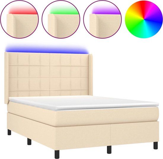vidaXL Boxspring met matras en LED stof crèmekleurig 140x190 cm