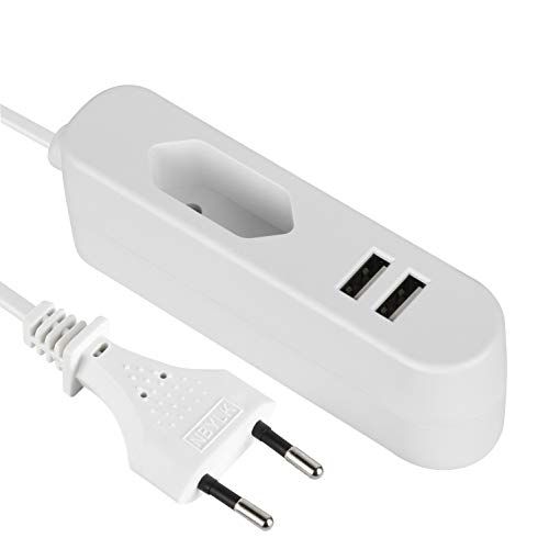 Electraline 70047 elektrische verlenging/Europese reisadapter (Eurostekker type C) / draagbare snellader met 2 USB 2,4 A, 1,5 m kabel, wit