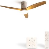 Create Plafondventilator 40W silent Ø132 cm ABS - Met Verlichting drie temperaturen - Met Wandregelaar - Met Afstandsbediening - 6 Snelheden - Timer - Zomer/Winter functie - Naturel Hout - WIND CALM
