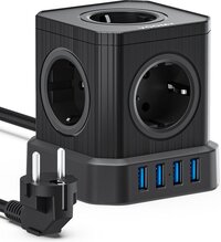 Voomy Cube Stekkerdoos met USB en Schakelaar - 5 Stopcontacten - 4 USB Poorten - Zwart