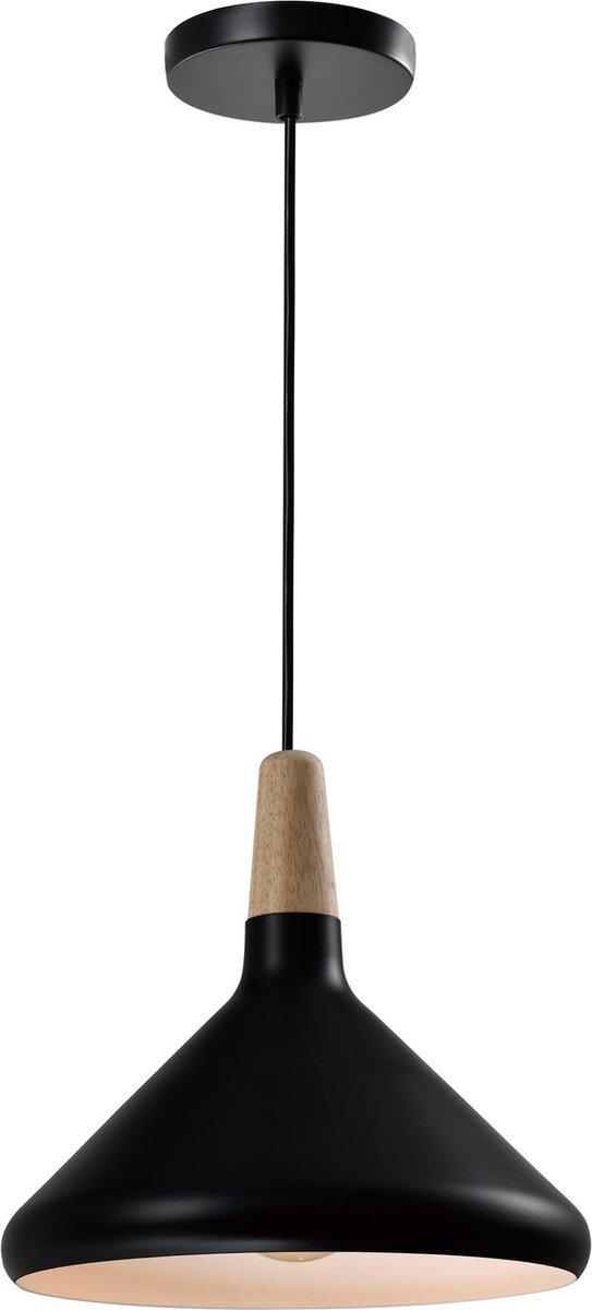 QUVIO Hanglamp Scandinavisch - Lampen - Plafondlamp - Verlichting - Keukenverlichting - Lamp - Hoog design - E27 Fitting - Voor binnen - Met 1 lichtpunt - Hout Aluminium - D 26 cm - Zwart, lichtbruin en wit