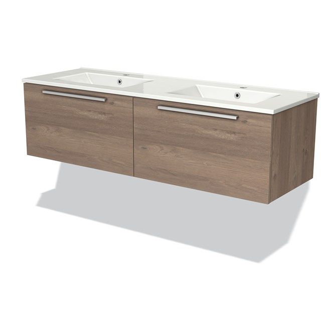 Maxaro Badkamermeubel 140cm Modulo Middenbruin Eiken 2 Lades Vlak Wastafel Keramiek