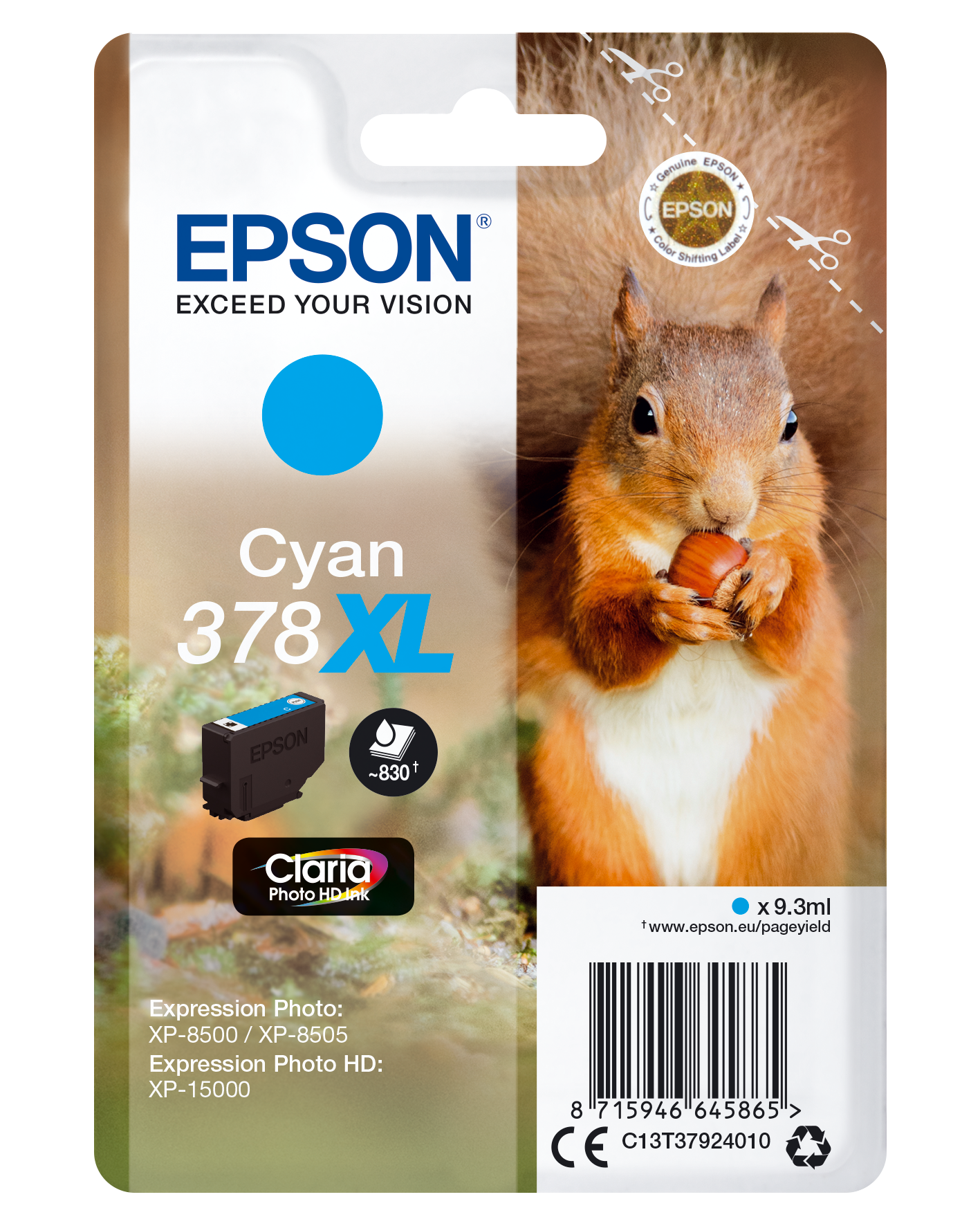 Epson Squirrel Singlepack Cyan 378XL Claria Photo HD Ink single pack / cyaan