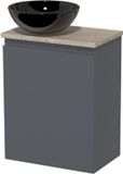 Maxaro Toiletmeubel met waskom | 41 cm Donkergrijs Greeploos front Hoogglans zwart Keramiek waskom Lichtgrijs eiken blad