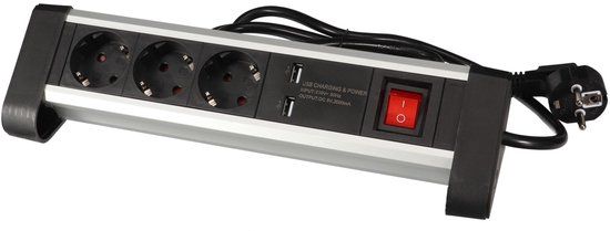 Perel Stekkerdoos met schakelaar - 3 stopcontacten, 2 USB, 1.4m kabel
