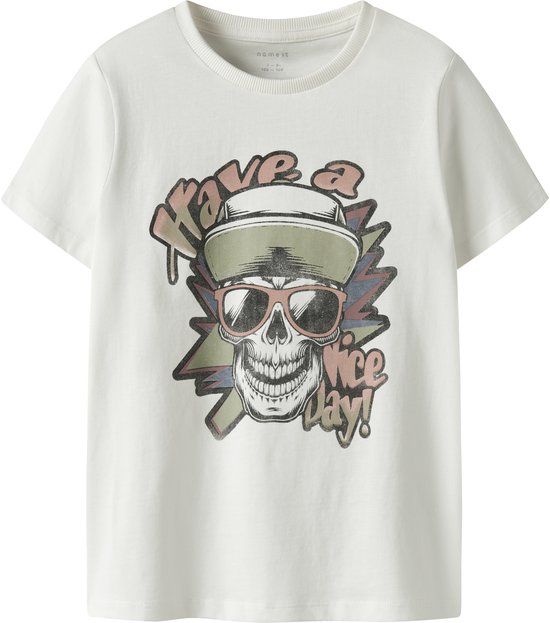 NAME IT Jongens T-shirt met korte mouw, maat 122/128, katoen, Cloud Dancer