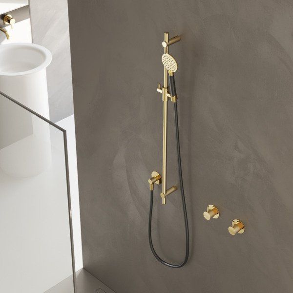 Hotbath Cobber glijstang 90cm met wandaansluitbocht doucheslang 150cm en handdouche geborsteld koper PVD M308BCP