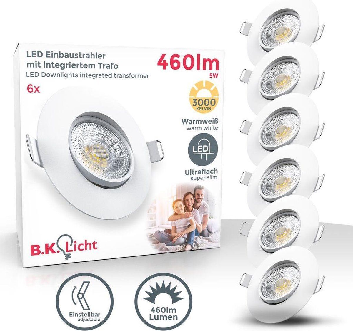 B.K.Licht - LED Inbouwspots - Set van 6 - Wit - Kantelbaar - Ø9cm - 3000K - 460Lm - 5W