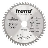 Trend Wood cirkelzaagblad, 216 mm diameter, 30 mm boring, 48 tanden, 2,4 mm snijvoeg, +15° haak, TCT, fijn oppervlak, CSB/21648