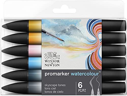 Winsor & Newton 0290168? ProMarker Aquarelmarker - 2 punten, penseel- en fijne punt, lichtecht, sterk gepigmenteerde aquarelverf in marker voor kalligrafie, tekeningen, 6 kleuren set hemeltinten