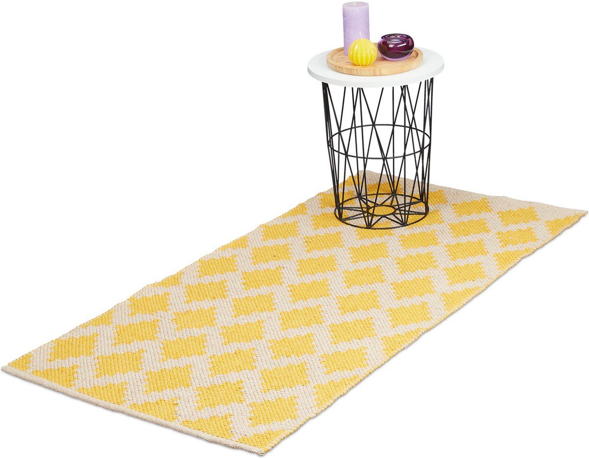 Relaxdays Vloerkleed - Katoen - 70 x 140 cm - Ruitjes - Geel