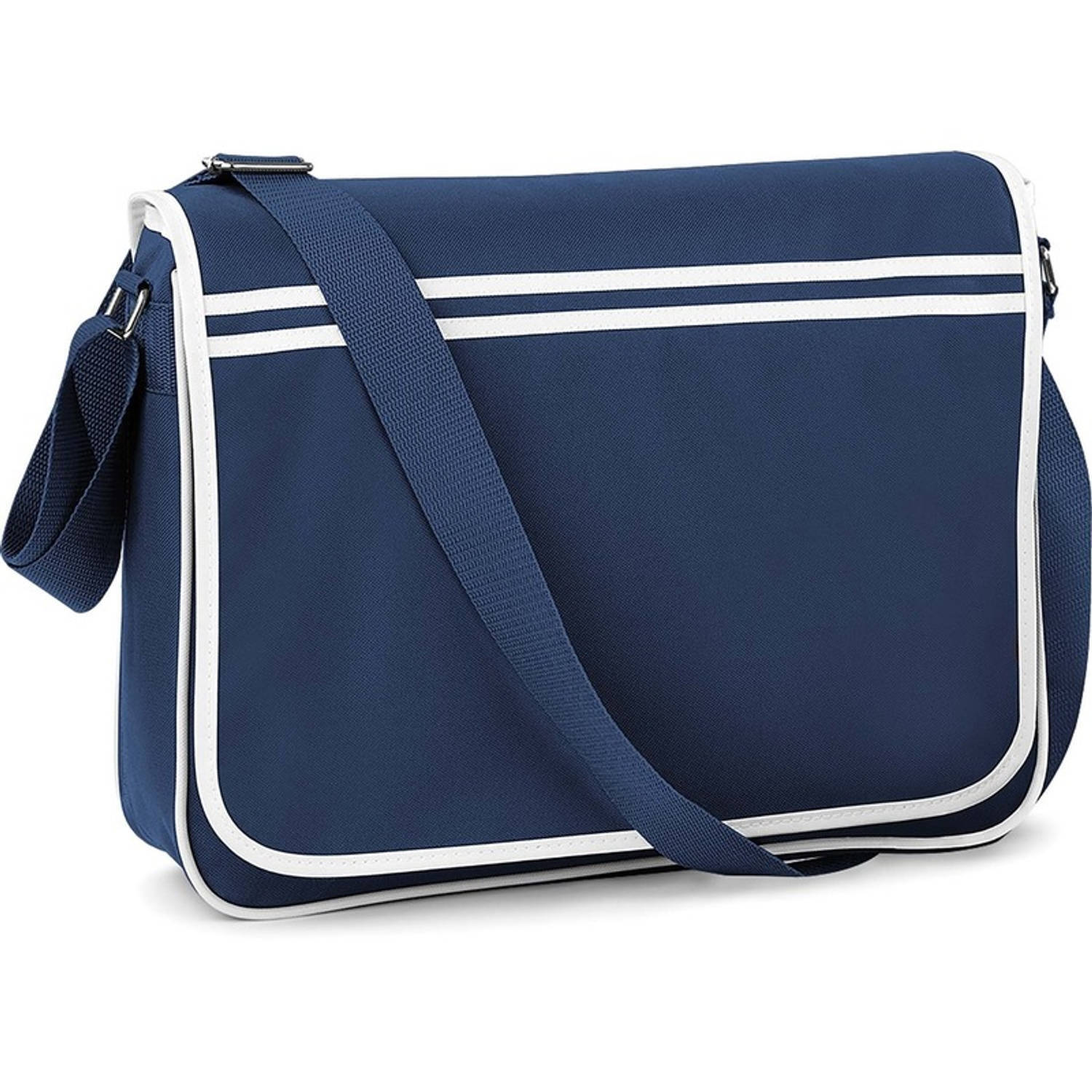 Bagbase Retro schoudertas/aktetas navy/wit 40 cm voor dames/heren - Schooltassen/laptop tassen met schouderband