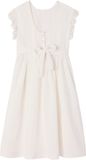 Vertbaudet Robe longue élégante blanc coton lin coupe évasée manche longue col rond boutons uni longueur mollet avec ceinture fête 134