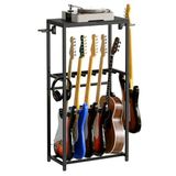 MAHANCRIS Gitaarstandaard, 2-Laags Gitaarstandaard voor 5 Gitaren, Akoestische Gitaar, Elektrische Gitaar, Bas, Ukelele, Draaitafelstandaard, met Standaard voor Gitaaraccessoires, Zwart AGSHB6501