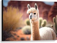 Merkloos / Sans marque Take your time Canvas - Dier - Lama - Wit - Planten - Cactus - 100x75 cm Foto op Canvas Schilderij (Wanddecoratie op Canvas)